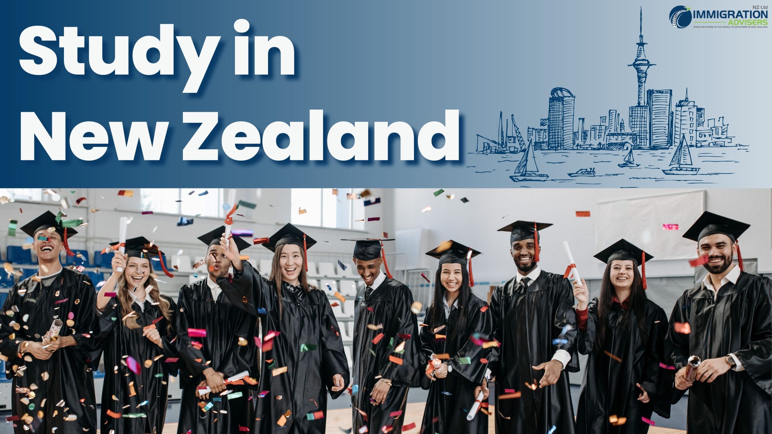 Graduates celebrating with caps in the air, highlighting successful study-to-residency outcomes in New Zealand