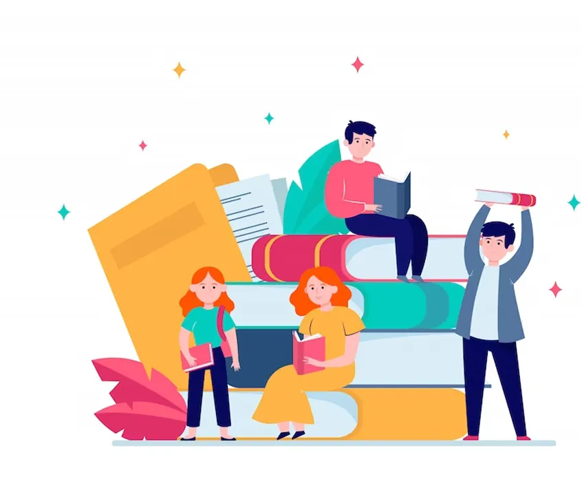 Illustration of students sitting on books, symbolizing the strong academic foundation of the New Zealand education system