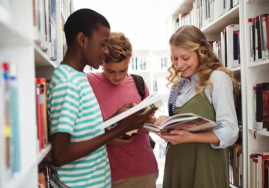 International students collaborating in a library, highlighting the interactive learning environment in New Zealand.